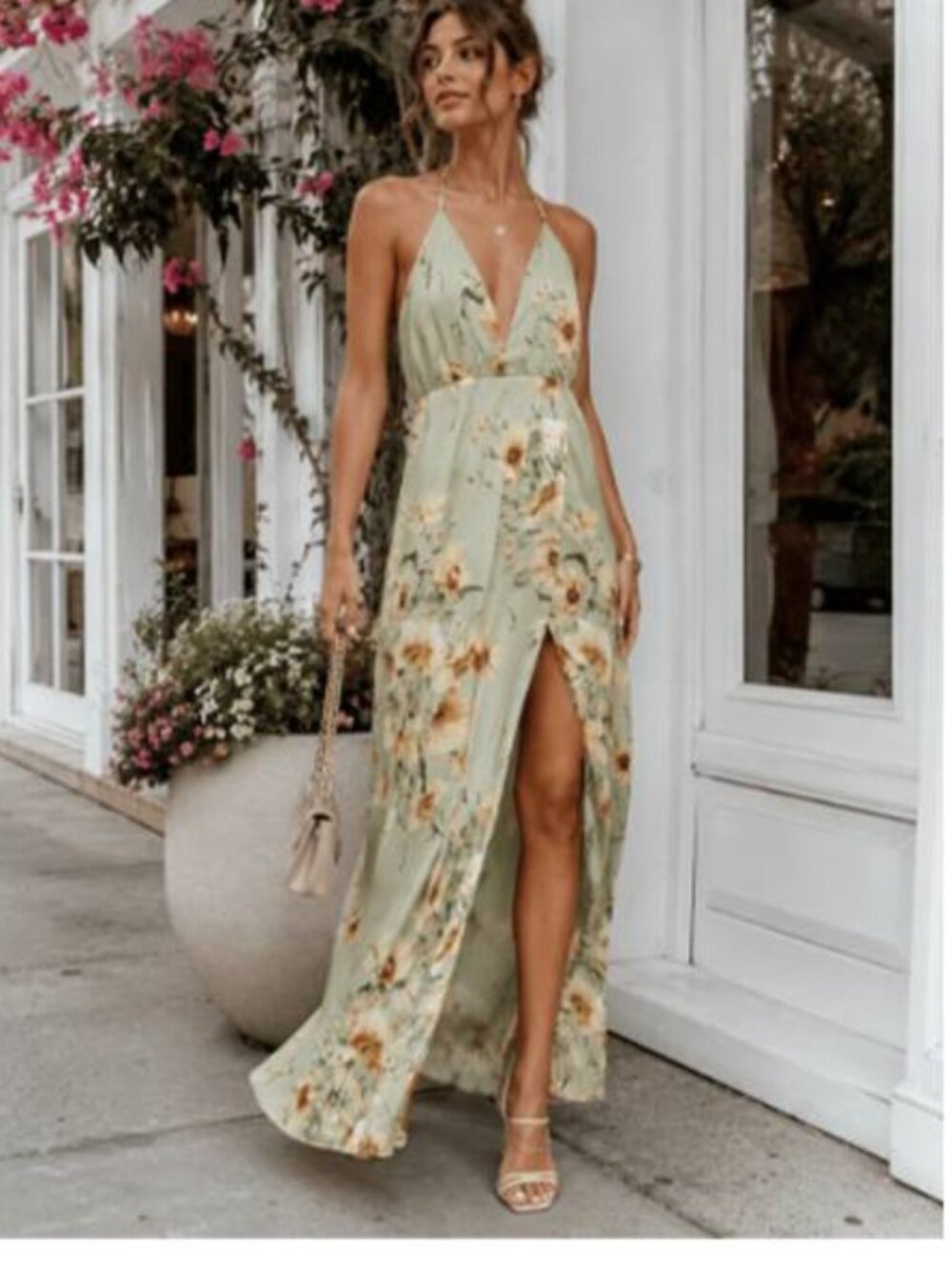 Sweet Lemon Selftie Halter Open Back Maxi Dress Floral Prints Bridal Party Sage